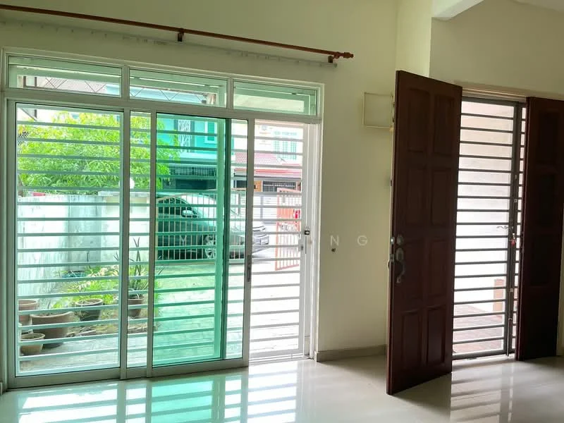 Room features: sliding glass door, double wooden doors, white walls, glossy tile flooring, window with metal grilles, greenery view outside, natural light from windows, potted plants visible outside; style: modern; view: garden.