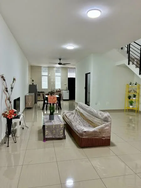Living features: white painted walls, glossy ceramic tile flooring, 5-blade ceiling fan with light, recessed ceiling lights, sofa with protective covering, coffee table, TV console, decorative plant in ceramic pot, area rug, open layout to dining area, large windows with natural light; style: modern. Dining features: 6-seater dining table, upholstered dining chairs, decorative vase on table, open layout to living area; style: modern.