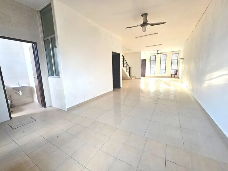Room features: white painted walls, glossy tile flooring, 5-blade ceiling fan, large windows, natural light, open layout, staircase visible, neutral color palette; style: modern.