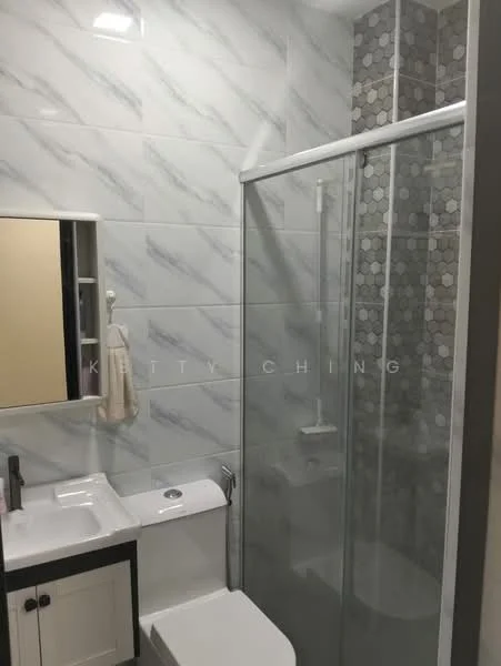 Bathroom features: white ceramic sink with cabinet, chrome basin mixer faucet, white toilet, walk-in shower with glass enclosure, rain shower head, hexagonal tile accent wall, marble effect wall tiles, mirror with frame, towel rack, shower wall with mosaic tiles; style: modern.