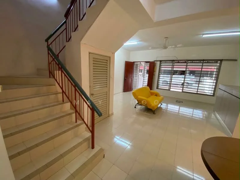Living features: white painted walls, cream tiled flooring, 5-blade ceiling fan, large windows with blinds, yellow accent chair, wooden door, staircase with metal railing, open layout, natural light; style: modern. Hallway features: white painted walls, cream tiled flooring, staircase with metal railing, door to storage area; style: modern.