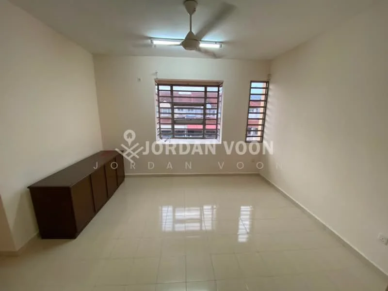 Room features: white painted walls, glossy tile flooring, ceiling fan, large windows with horizontal slats, wooden cabinet, natural light from windows; style: modern.