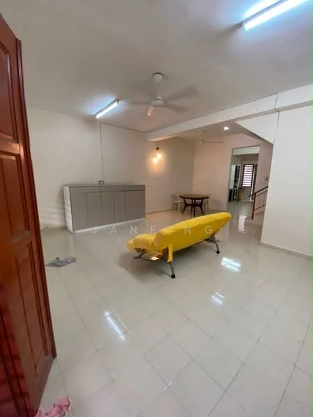 Living features: white painted walls, glossy ceramic tile flooring, ceiling fan, recessed downlights, yellow fabric sofa, wooden dining table, built-in cabinetry, open layout, natural light from windows, neutral color scheme; style: modern.