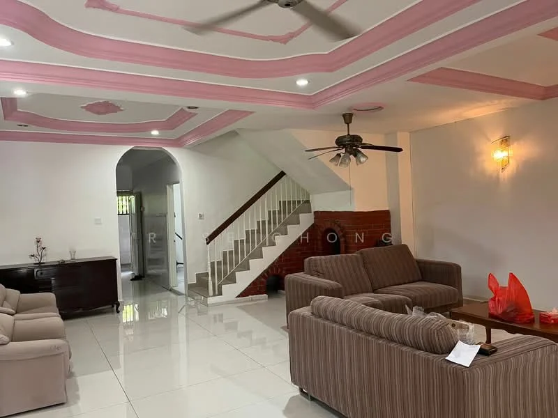 Living features: white painted walls, pink ceiling with crown moulding, recessed downlights, 5-blade ceiling fan, glossy tile flooring, 2-seater fabric sofa in beige, 3-seater fabric sofa with stripes, wooden coffee table, decorative wall sconce, brick accent wall, staircase with wooden railing; style: modern. Room features: white painted walls, glossy tile flooring, staircase with wooden railing.