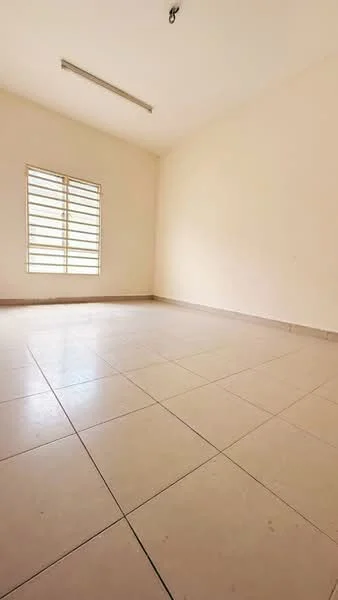 Room features: cream painted walls, tile flooring, sliding windows with horizontal bars, ceiling light fixture, no visible furniture; style: minimalist.