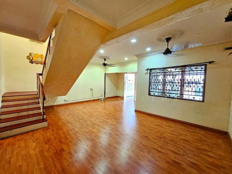 Living features: laminate flooring, cream painted walls, ceiling with recessed downlights, 2 ceiling fans, large window with security bars, staircase leading to upper floor, wooden railing on staircase, decorative wall feature; style: traditional.