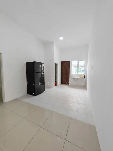 Room features: white painted walls, tile flooring, black refrigerator, window with white frame, door leading to another room, light fixture on ceiling; style: modern.