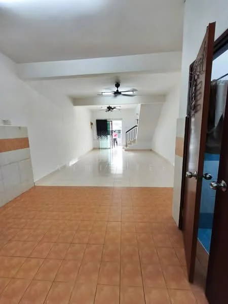 Room features: white painted walls, cream tiled flooring, ceiling fan, sliding glass door, window with curtain, open layout, staircase visible, light source from ceiling; style: modern.