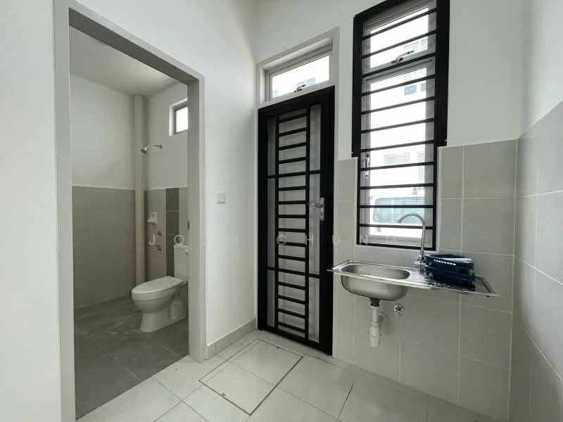 Bathroom features: white tiled walls, grey tiled flooring, one-piece toilet, shower area with wall-mounted shower head, sink with chrome faucet, window with louvered glass, sliding door, built-in shelf; style: modern.