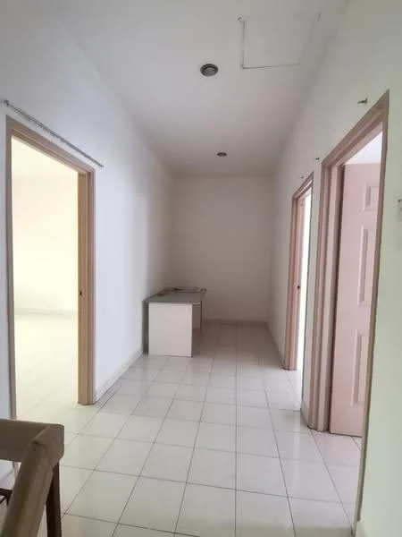 Room features: white painted walls, white ceiling, tile flooring, two doorways, one window, built-in table or counter, recessed lighting, neutral color scheme; style: minimalist.