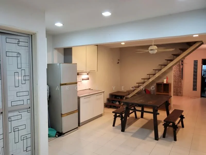 Kitchen features: white cabinets, stainless-steel fridge, built-in oven, 4-burner gas hob, single-bowl stainless-steel sink, chrome pull-down faucet, white tiled backsplash, recessed downlights, tile flooring, open layout, wooden dining table, wooden benches, ceiling fan; style: modern. Dining features: wooden dining table, wooden benches; style: modern.