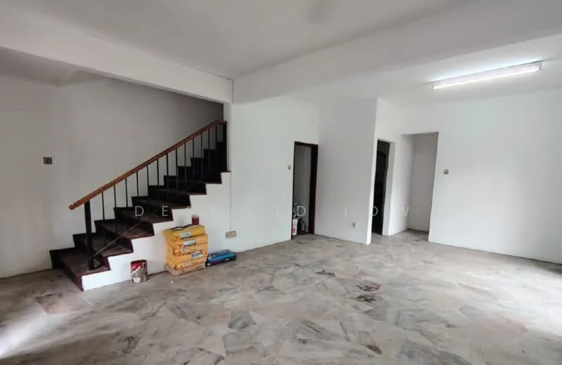 Room features: white painted walls, marble flooring, staircase with wooden railing, recessed ceiling lights, open layout, multiple doorways, large windows, neutral color scheme.