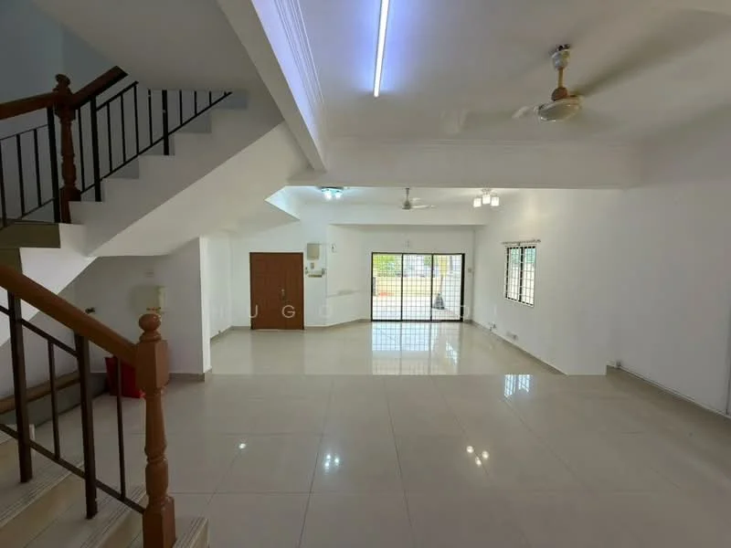 Living features: white painted walls, glossy tile flooring, ceiling fan, recessed downlights, large windows, sliding glass door, open layout, staircase with wooden railing; style: modern; view: garden.