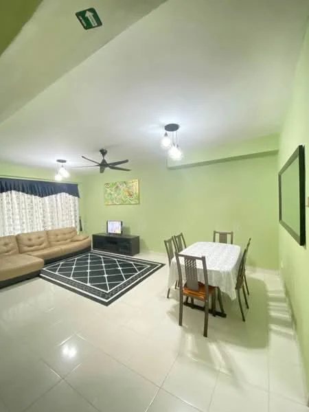 Living features: cream leather sectional sofa, black TV console, wall-mounted TV, area rug with geometric pattern, 5-blade ceiling fan with light, recessed downlights, green painted walls, white curtains, dining table with 6 chairs, decorative wall art; style: modern.