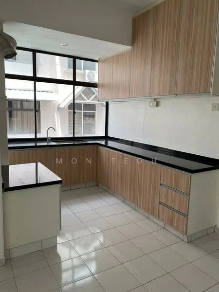 Kitchen features: black granite countertop, wood cabinetry with vertical grain, single-bowl stainless-steel sink, chrome pull-down faucet, white tiled flooring, large windows for natural light, open layout, built-in cabinetry; style: modern.