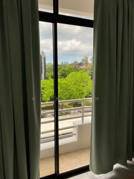 Room features: floor-to-ceiling sliding glass door, green curtains, view of trees, concrete flooring, balcony railing; view: garden.