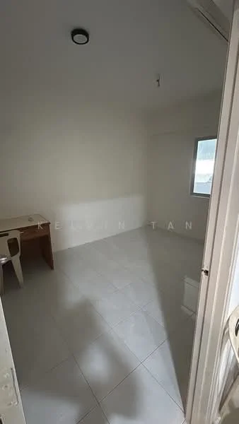 Room features: white painted walls, tile flooring, single window, ceiling light fixture, desk, chair.