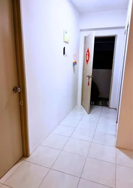 Hallway features: white painted walls, white tiled flooring, single wooden door, open door leading to another room, light switch, decorative wall hanging, door frame, ceiling light fixture.