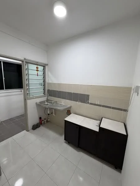 Laundry features: white painted walls, tile flooring, single-bowl stainless-steel sink, chrome faucet, dark wood cabinetry, countertop with two sections, window with security bars, light fixture on ceiling; style: modern.