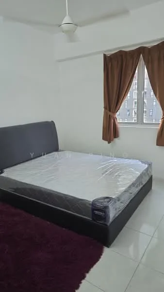 Bedroom features: queen-size bed with mattress cover, upholstered headboard, brown curtains, floor-to-ceiling window, white painted walls, polished ceramic tile flooring, ceiling fan, area rug in purple; style: modern; view: city.