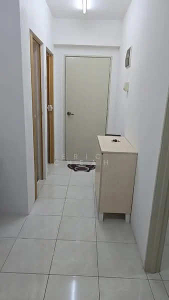 Hallway features: white painted walls, ceramic tile flooring, ceiling light fixture, wooden doors, neutral-colored console table, door to bathroom, door to bedroom, door to utility room.
