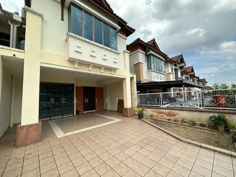 Exterior type: linked terrace house; features: tiled flooring, white painted facade, gabled roof, front porch area, manicured garden, fenced perimeter, multiple storeys, large windows, driveway, potted plants, brick wall, covered entrance; style: modern.