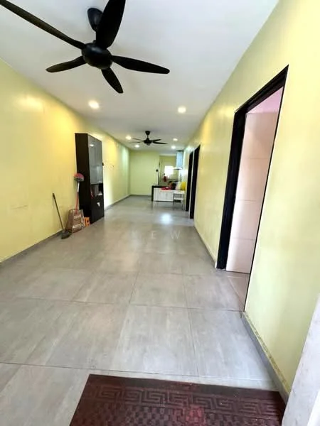 Room features: light yellow painted walls, grey tile flooring, 2 ceiling fans, recessed LED downlights, black door frames, open layout, wall-mounted cabinets, entrance mat; style: modern.