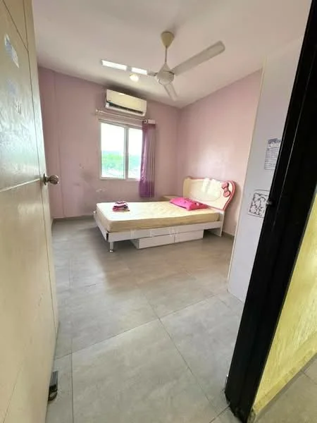 Bedroom features: pink painted walls, tile flooring, single bed with upholstered headboard, bedside table, ceiling fan, window with sheer curtains, air conditioning unit, decorative pillow, light-colored bedding; view: garden.
