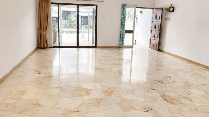 Living features: marble tile flooring, white painted walls, floor-to-ceiling windows, sliding glass door, curtains, light fixtures, door with wooden finish, open layout; style: modern.