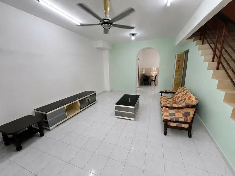 Living features: white painted walls, glossy ceramic tile flooring, 5-blade ceiling fan with light, sofa with patterned upholstery, wooden coffee table, TV console with storage, light-colored wall, staircase in background; style: modern.