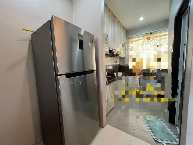 Kitchen features: stainless-steel fridge, white cabinetry, black countertop, ceramic tile flooring, recessed downlights, built-in oven, kitchen sink, wall-mounted cabinets, open shelving; style: modern.