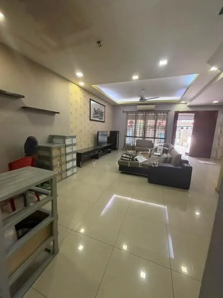 Living features: cream painted walls, grey accent wall, recessed downlights, 5-blade ceiling fan with light, floor-to-ceiling windows with sheer curtains, light-colored sofa, coffee table, TV console, wall-mounted TV, open shelving unit, decorative wall art, tile flooring, area rug; style: modern.