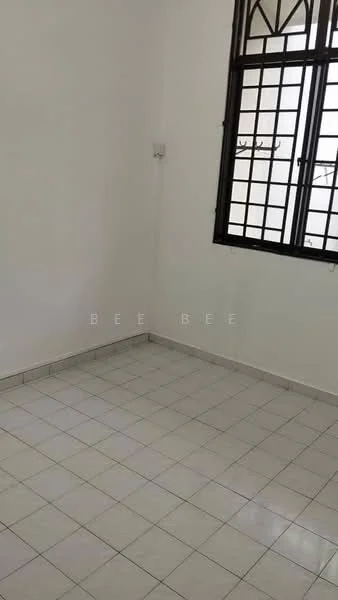 Room features: white painted walls, white tiled flooring, black metal window frames, grid-patterned window, single window, no visible furniture, empty room.