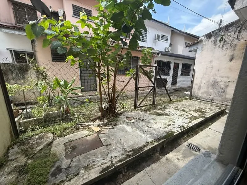 Exterior features: fenced yard, concrete pathway, overgrown vegetation, mature plants, adjacent buildings, partially shaded area, gravel surface, metal gate.
