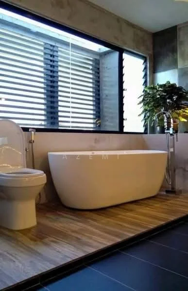 Bathroom features: freestanding bathtub, one-piece toilet, wood-look tile flooring, large window with horizontal blinds, contemporary faucet, decorative indoor plant, grey accent wall, white tiled wall; style: modern.