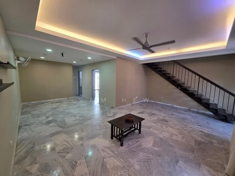 Living features: marble flooring, cream painted walls, recessed lighting, 5-blade ceiling fan, staircase with metal railing, large windows, open layout, natural light; style: modern.