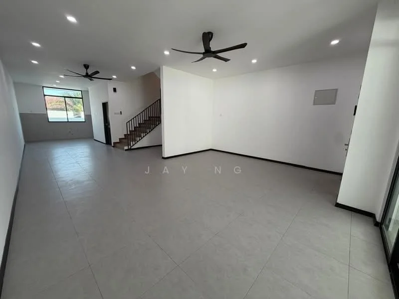 Living features: grey tiled flooring, white painted walls, recessed LED downlights, 2 ceiling fans, large window with natural light, open layout, staircase leading to upper floor, sliding glass door to outdoor area; style: modern.