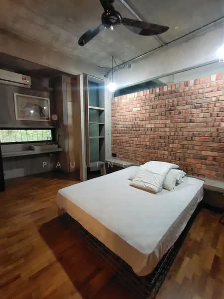 Bedroom features: exposed brick accent wall, wooden flooring, ceiling fan, wall-mounted air conditioning unit, built-in shelving unit, queen-size bed, bedside table, decorative wall art, natural light from window; style: industrial.