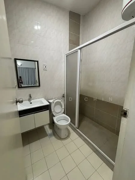 Bathroom features: single-sink vanity with cabinet, chrome basin mixer faucet, framed mirror, one-piece toilet, walk-in shower with glass enclosure, tile cladding on walls, ceramic tile flooring, white painted walls, shower head, towel rail; style: modern.
