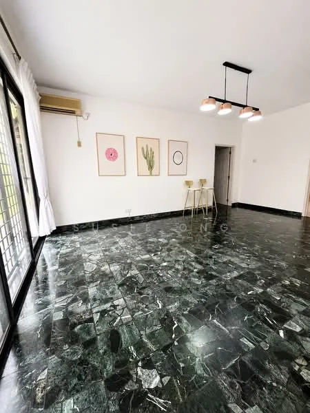Living features: green marble flooring, white painted walls, 5-blade ceiling fan with light, floor-to-ceiling windows, sheer curtains, air conditioning unit, decorative wall art, light fixture with multiple bulbs; style: modern; view: garden.