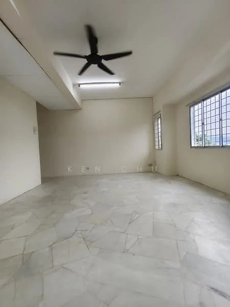 Room features: white painted walls, marble flooring, 5-blade ceiling fan, large windows, natural light, plain ceiling, no visible furniture, neutral color scheme; style: minimalist.