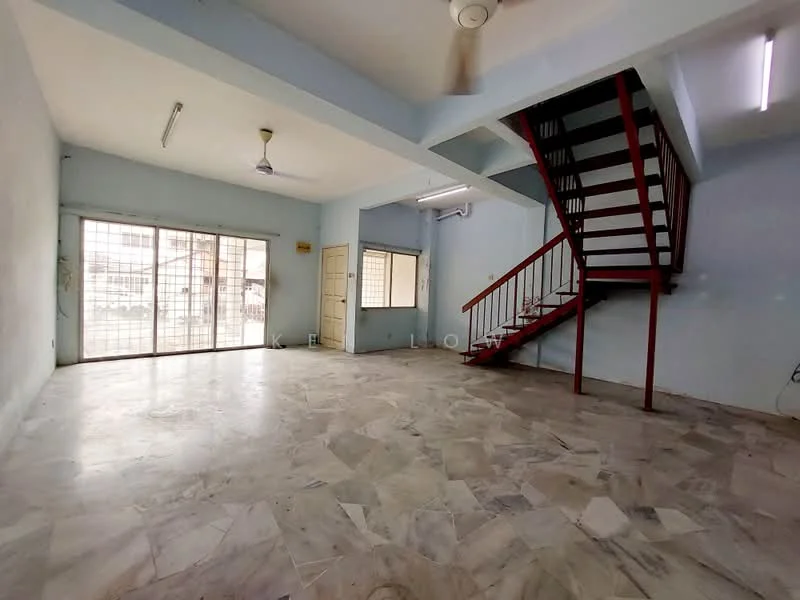 Living features: marble flooring, white painted walls, ceiling fan, large windows, metal staircase, open layout, natural light, no visible furniture.