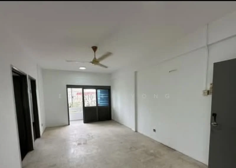 Room features: white painted walls, concrete flooring, ceiling fan, sliding glass door, floor-to-ceiling windows, natural light, door to hallway, door to another room; style: minimalist; view: garden.