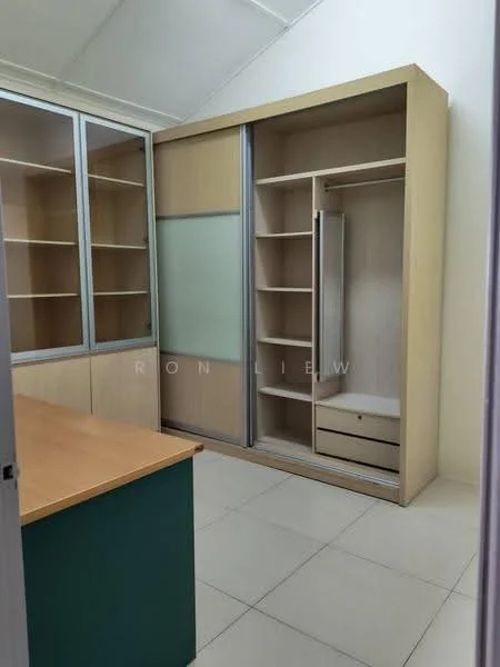 Study features: built-in wooden shelving, sliding door wardrobe with glass panel, open shelving units, wooden desk, light-colored cabinetry, ceramic tile flooring, white walls, recessed ceiling lights; style: modern.