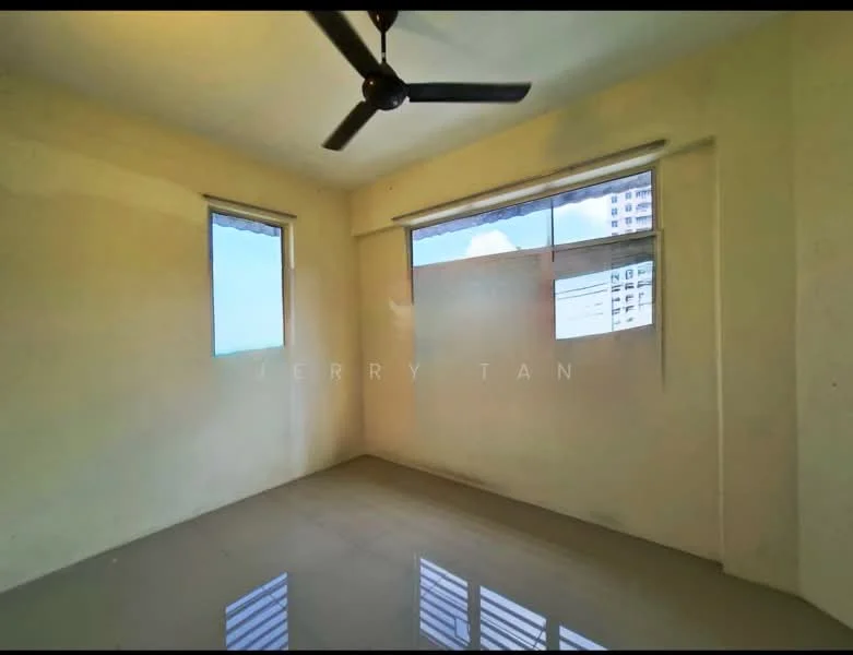 Room features: cream painted walls, floor-to-ceiling windows, sliding window, ceiling fan, glossy tile flooring; view: city.