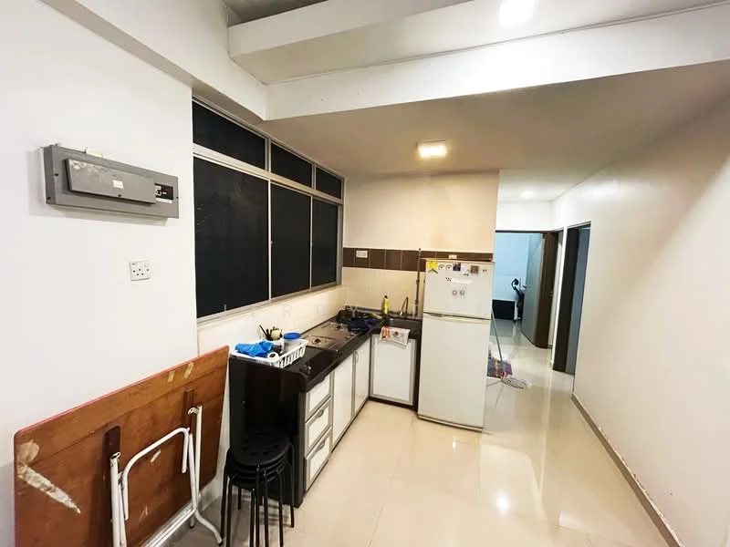 Kitchen features: white painted walls, glossy tile flooring, single-bowl stainless-steel sink, chrome pull-down faucet, white cabinetry with flat-panel doors, built-in gas hob, freestanding fridge, wall-mounted air conditioning unit, window with black frames, countertop space, stool seating, kitchen utensils on countertop; style: modern.