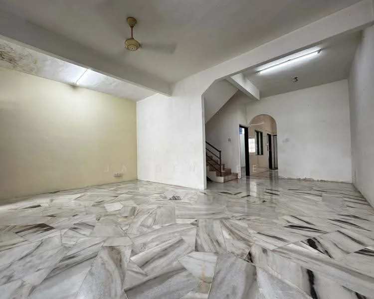 Room features: marble flooring, white painted walls, ceiling fan, recessed lighting, staircase visible in background, arched doorway, open layout, natural light from windows; style: minimalist.