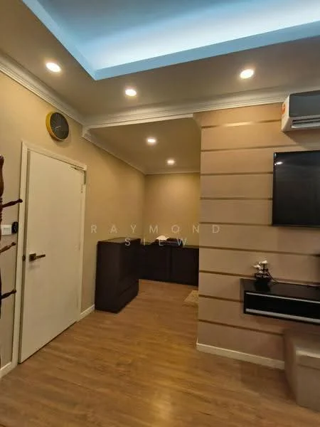 Room features: light wood flooring, cream painted walls, recessed ceiling lights, wall-mounted air conditioning unit, flat-panel TV, dark wood cabinet, decorative wall paneling, white door with handle; style: modern.