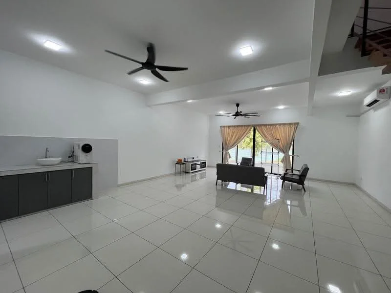 Living features: white painted walls, glossy ceramic tile flooring, 5-blade ceiling fan with light, recessed LED downlights, floor-to-ceiling windows, sheer curtains, sliding glass door, grey fabric sofa, black coffee table, black TV console, air conditioning unit; style: modern; view: garden. Kitchen features: single-bowl stainless-steel sink, chrome pull-down faucet, grey cabinetry, countertop with backsplash; style: modern.