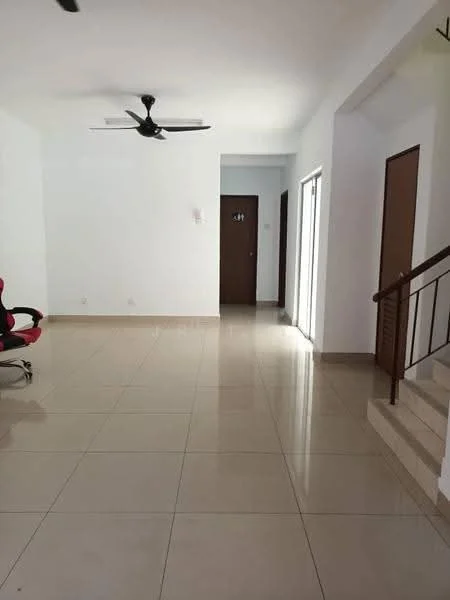 Living features: white painted walls, glossy beige tile flooring, 5-blade ceiling fan, sliding glass door, door with wooden frame, staircase with wooden railing, open layout, natural light from windows; style: modern.